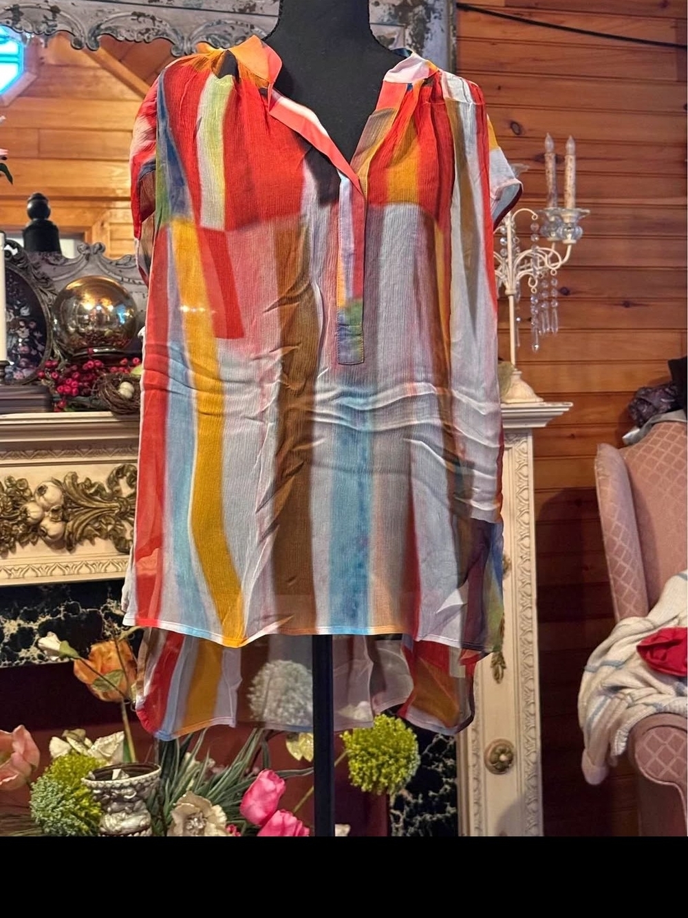 Tracy Reese Multicolor Striped High-Low Tunic - Red, Yellow, Blue, Brown 100silk